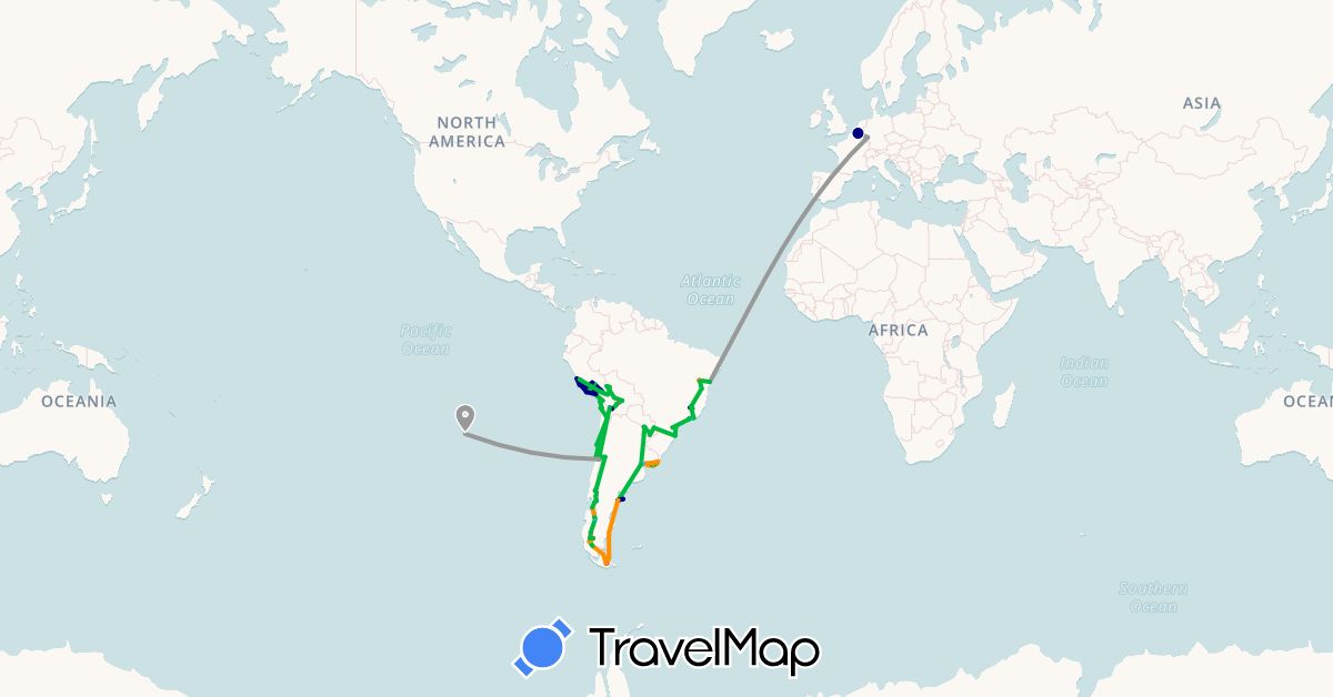 TravelMap itinerary: driving, bus, plane, train, hiking, boat, hitchhiking in Argentina, Belgium, Bolivia, Brazil, Chile, Germany, Peru, Paraguay, Uruguay (Europe, South America)